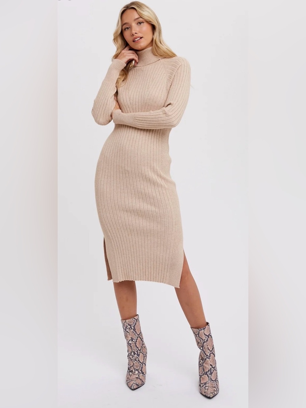 Beige Long Sleeve Turtleneck Sweater Dress